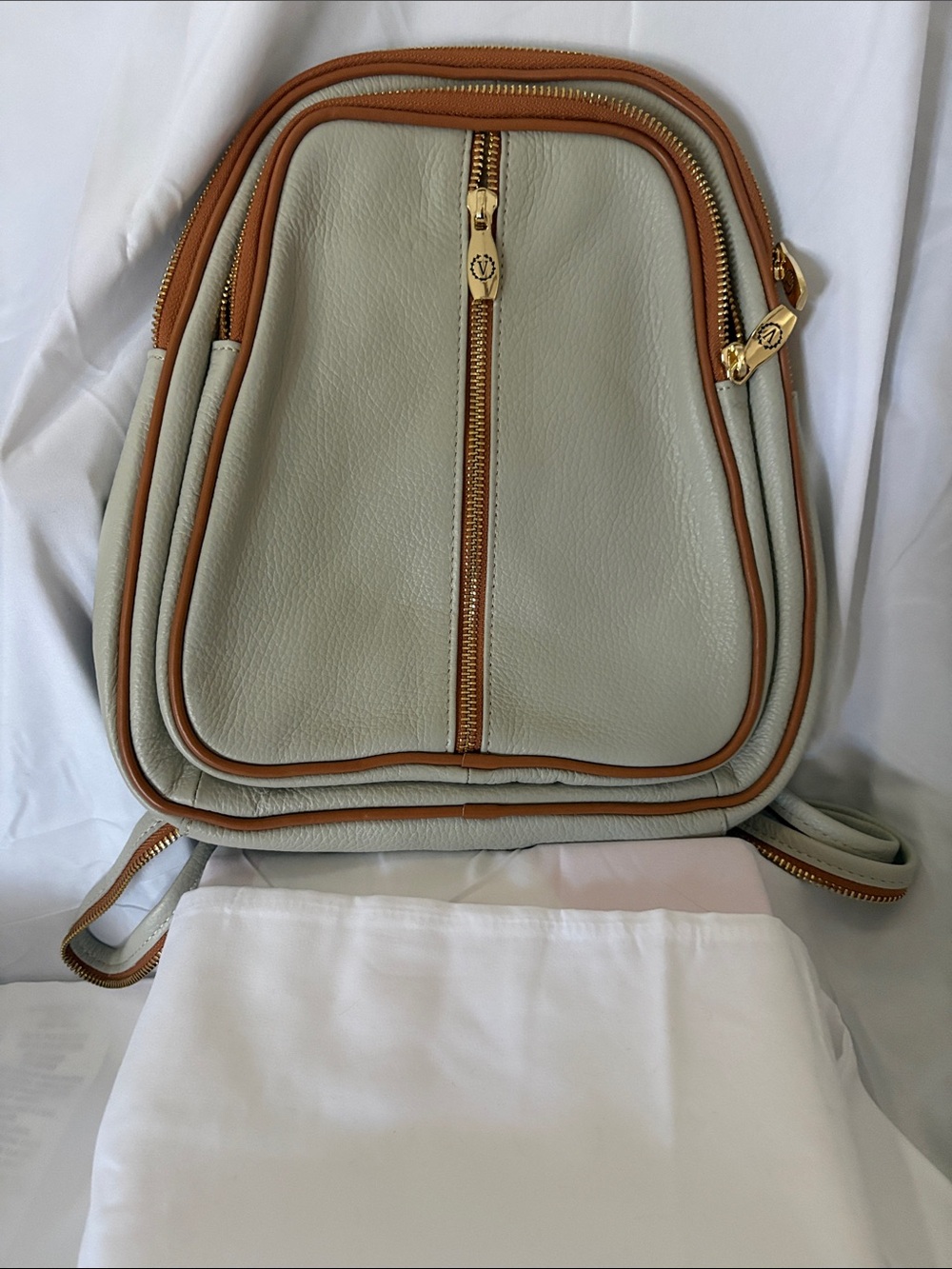 Valentina Light Gray and Tan Leather Backpack with Gold Hardware